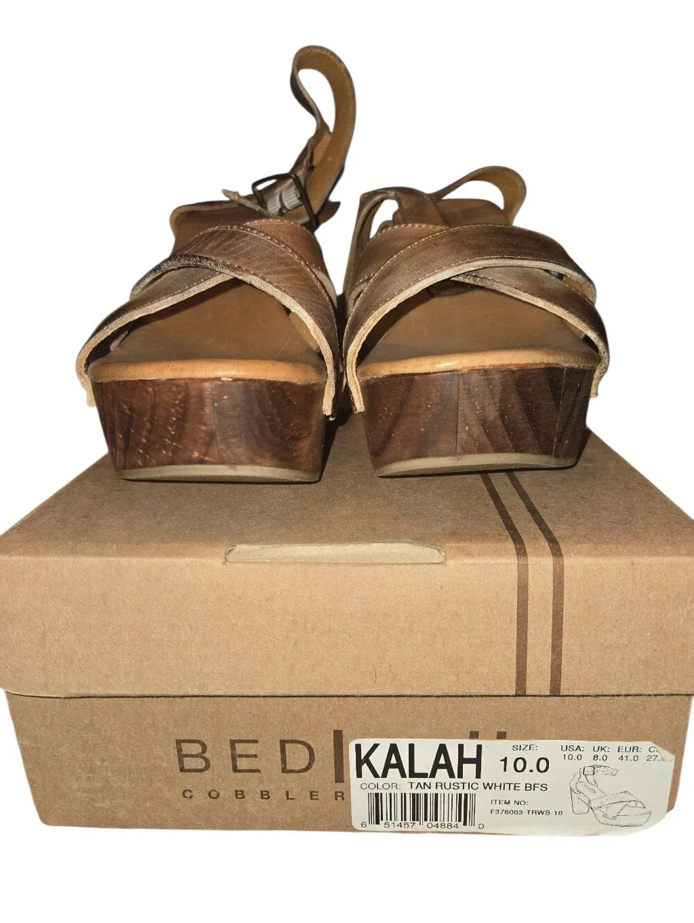 Bed Stu Wood Platform Wedge Sandals — Brown Leather Crisscross Straps, Buckle St